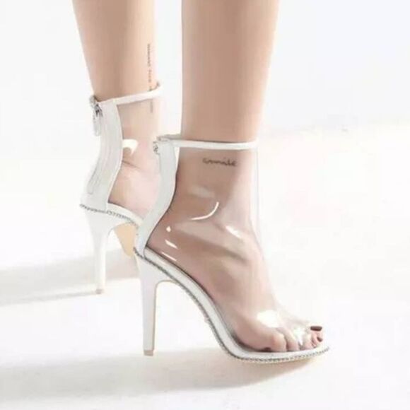 NEW Mackin J White & Clear Open Toe Stud Trim Heeled Ankle Boots Size 6 - Picture 3 of 8